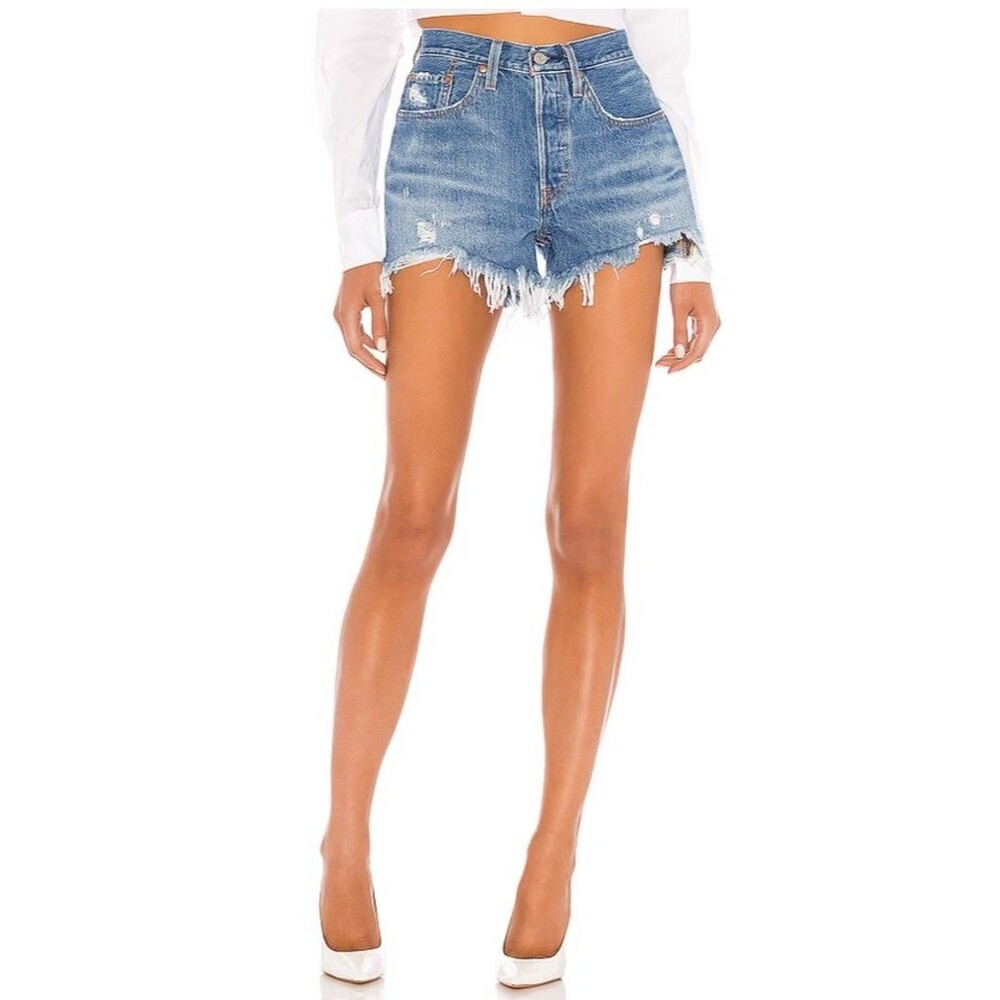 NWT Levi's 501 High Rise Medium Wash Denim Shorts Blue Women's 25 Distressed